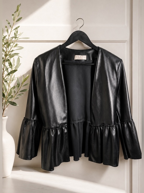 Class Jackets & Blazers - Black Faux Leather Ruffle Hem Bell Sleeve Jacket — Size Small